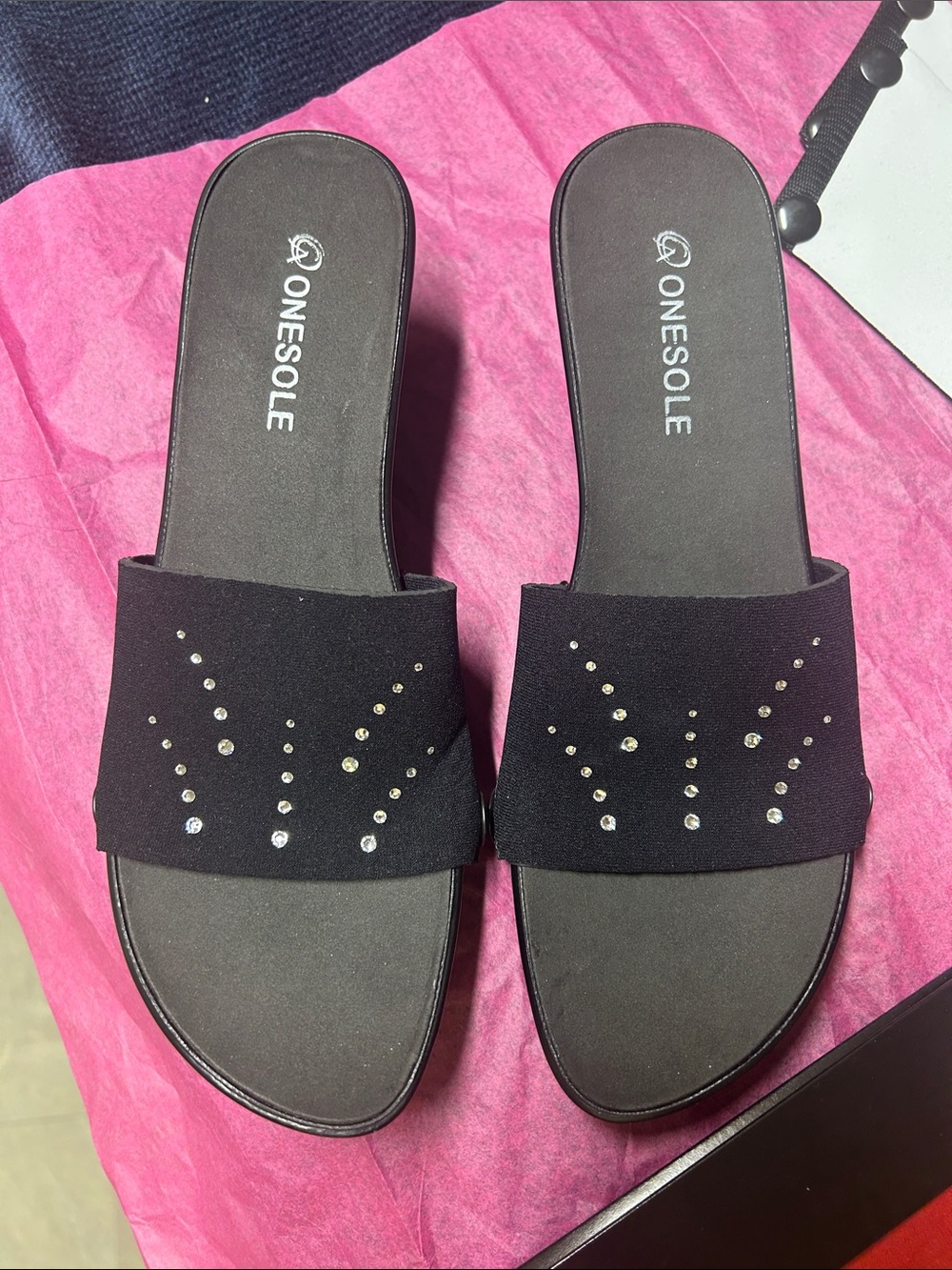 Onesole Black Slide Sandals with Rhinestone Detail